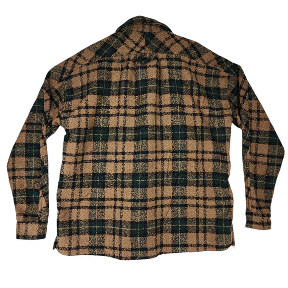 mnml Shacket Shirt Jacket M Men Plaid Loose Woven Flannel Brown Green Raw Hem - Picture 4 of 16